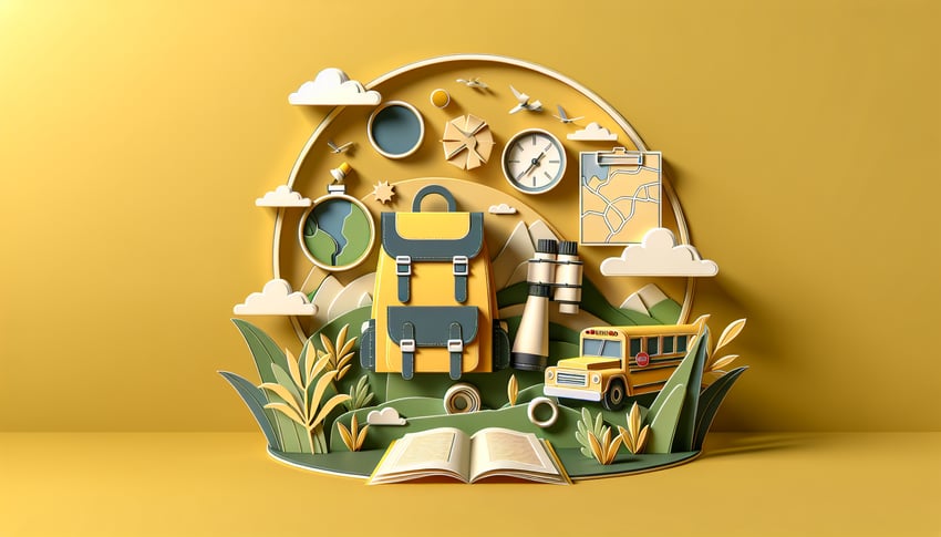 Colorful paper art illustration depicting a field trip form template with educational elements and creative design