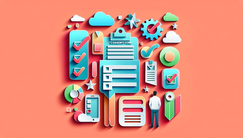 Paper art illustration highlighting a survey consent form with engaging design elements for FormCreatorAI article.