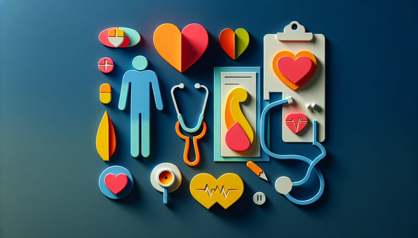 Paper art illustration depicting an adult physical exam form for a healthcare article.