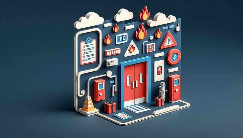 Paper art illustration depicting a fire door inspection form template for FormCreatorAI article