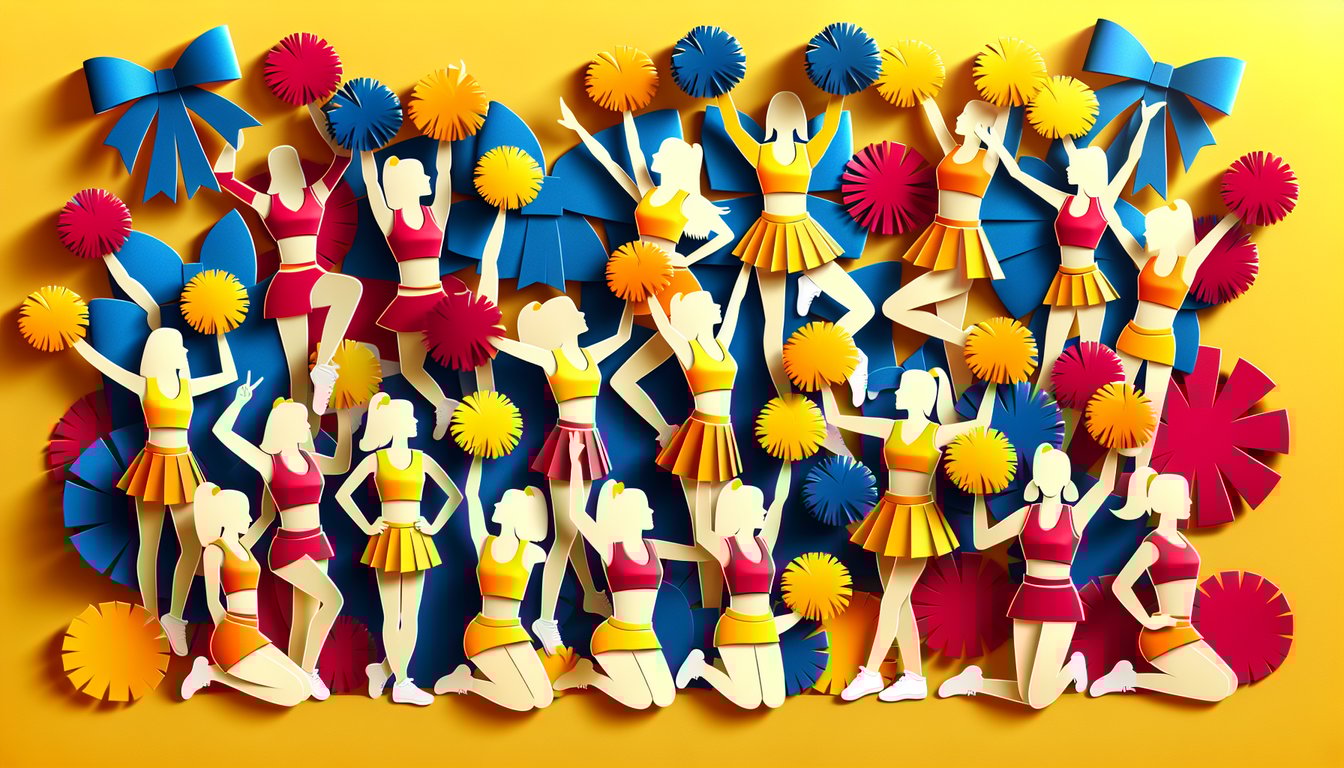 Paper art illustration depicting a cheerleading uniform order form template for FormCreatorAI