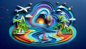 Paper art illustration featuring a travel questionnaire form on a desk with travel-related items and stationery