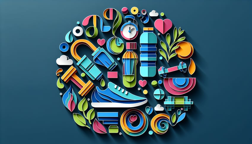 Paper art illustration depicting a fitness accountability check-in form with motivational elements and organized sections