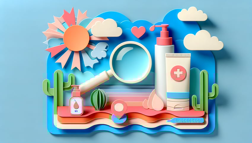 paper art illustration featuring a skin check form template with sections for information and assessment