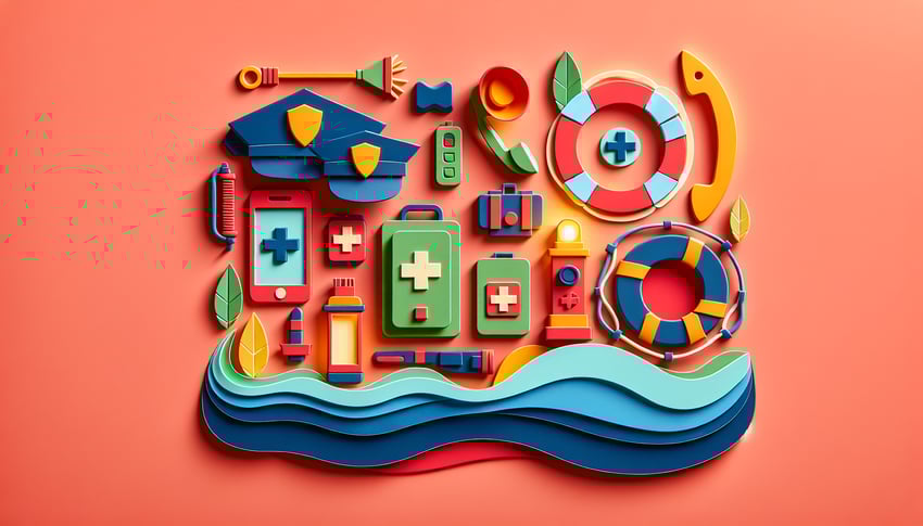 Paper art illustration depicting an emergency contact form with clean design elements and vibrant colors