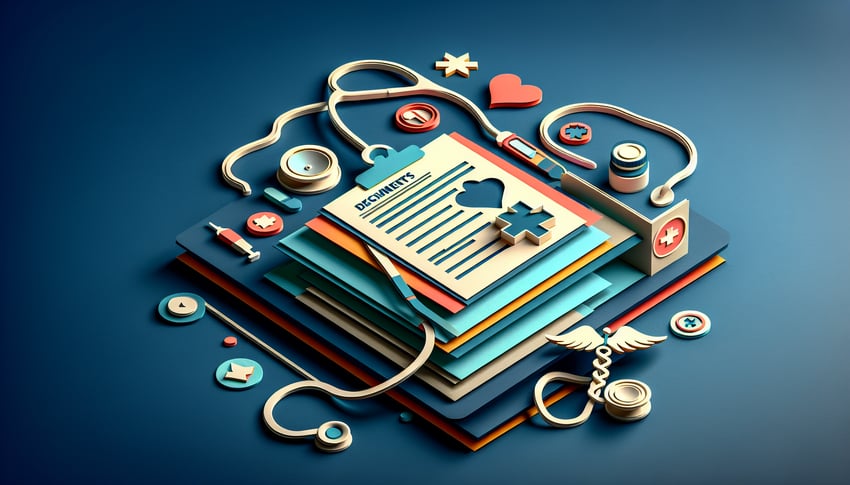 Paper art illustration featuring a medical waiver form for an article about Medical Waiver Form Template FormCreatorAI