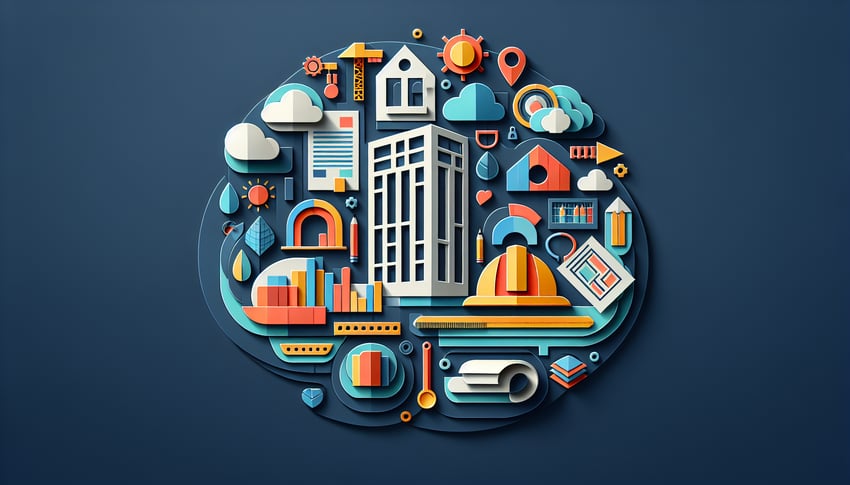 Paper art illustration related to construction inspection form template showcasing tools and forms