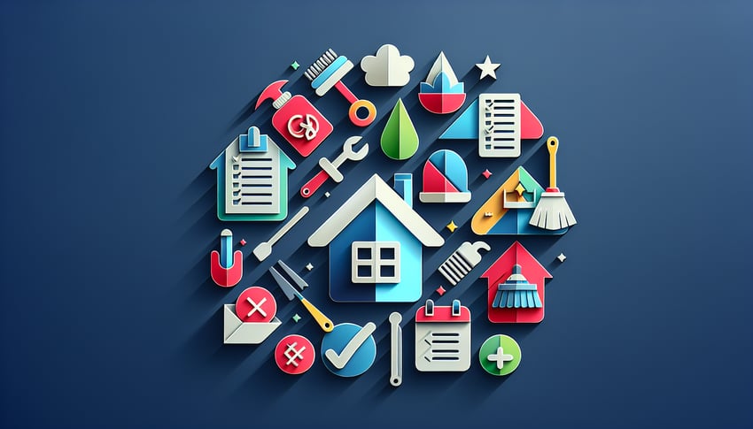 Paper art illustration highlighting a workplace housekeeping checklist form template with clean and organized elements.