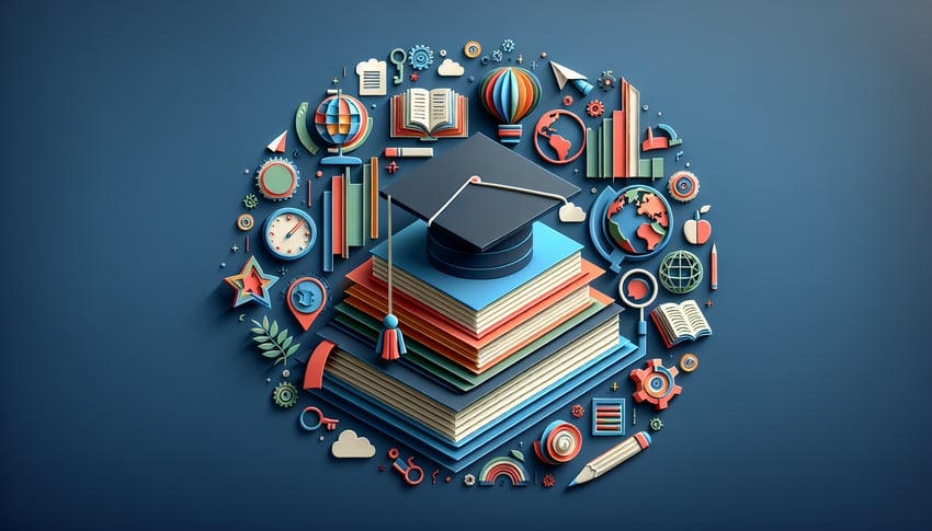 Paper art illustration depicting an education level survey form with various educational icons and elements.