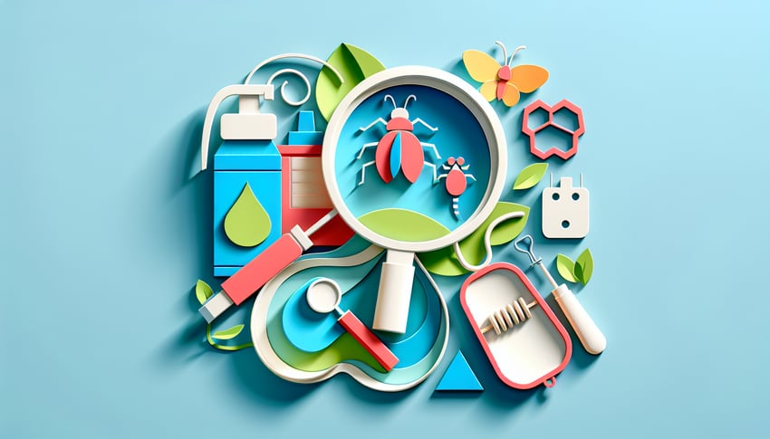 Paper art illustration depicting a pest control notice form with various icons related to pest management.