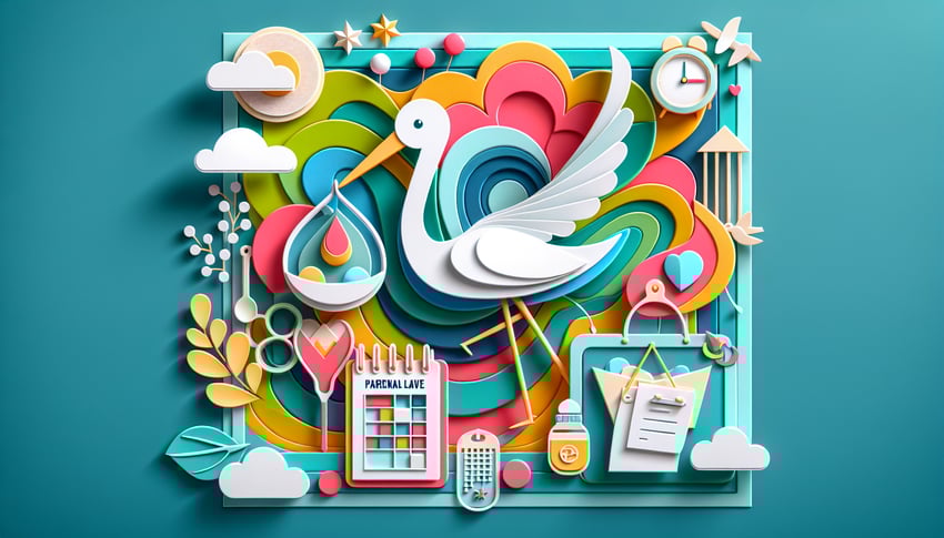 Paper art illustration depicting a parental leave request form with various icons and design elements related to family and caregiving.