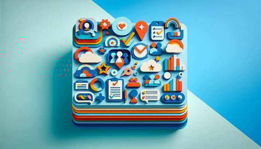 paper art illustration depicting an employee opinion survey form with various questions and checkboxes for feedback