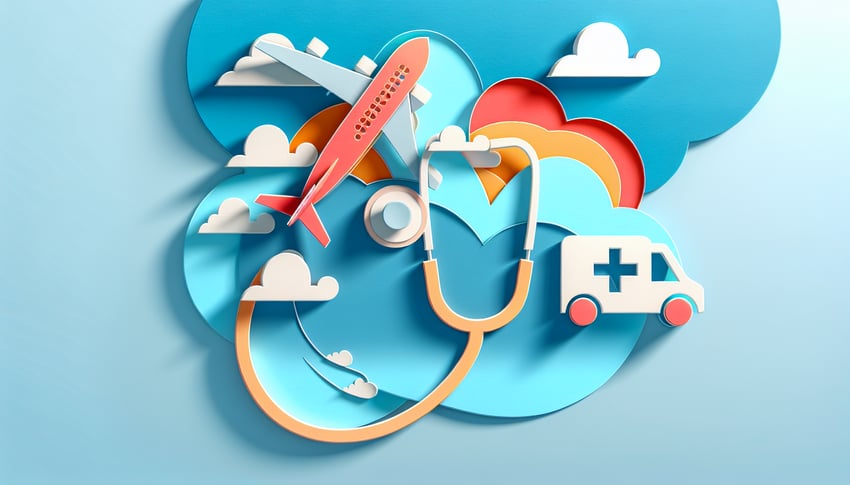 Paper art illustration depicting a travel declaration form with health symbols and travel-related icons in a creative layout