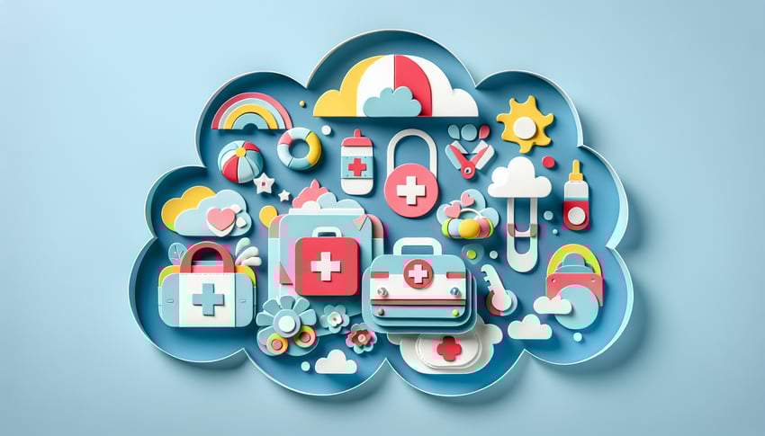 Paper art illustration featuring a child care emergency form template with colorful design elements and clear text sections.