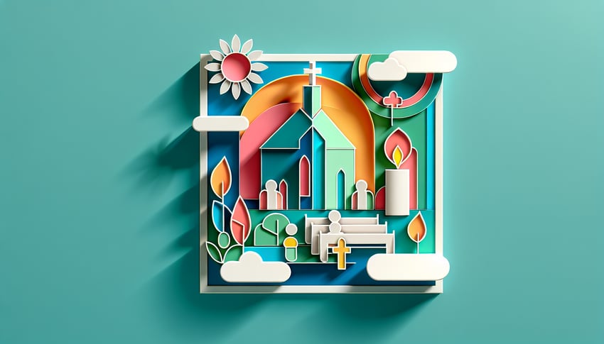Paper art illustration depicting a church visitor information form layout and design elements for FormCreatorAI article