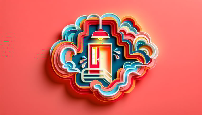 Paper art illustration showing an emergency exit light with inspection details and form elements for a template guide.