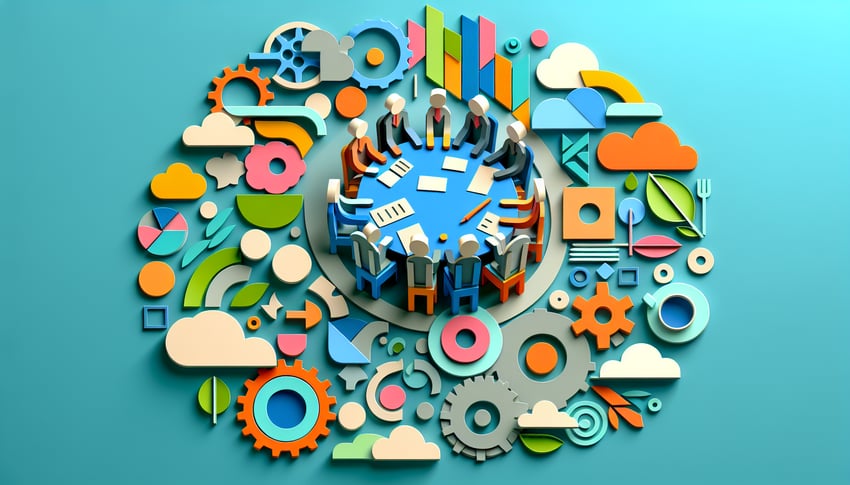 Paper art illustration representing a daily huddle form template for FormCreatorAI article