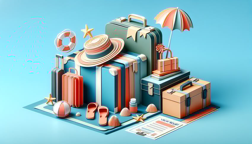 Paper art illustration depicting a vacation request form with office supplies and a tropical backdrop