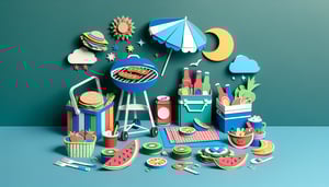 Paper art illustration depicting a checklist for cookout food items and essentials for an outdoor gathering.