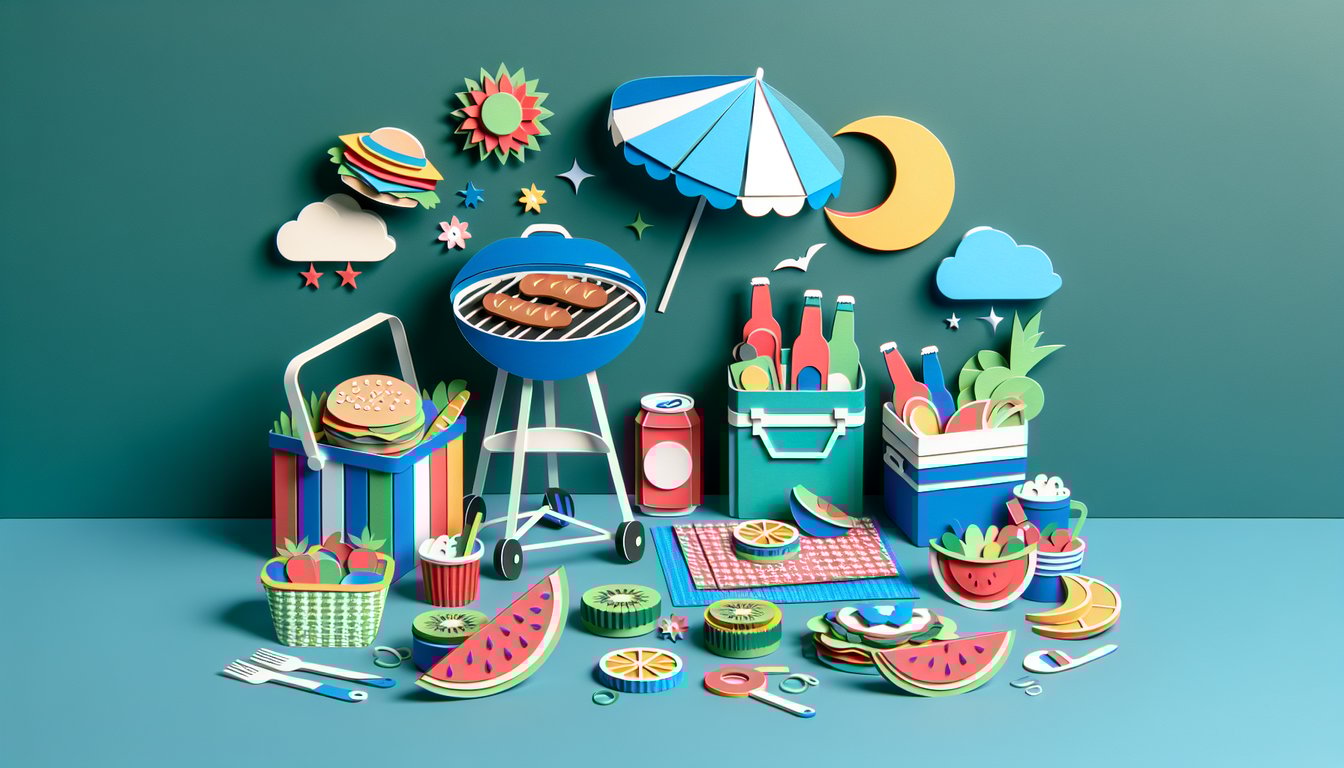 Paper art illustration depicting a checklist for cookout food items and essentials for an outdoor gathering.