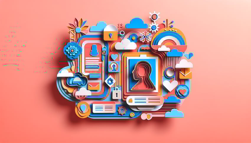 Paper art illustration representing a personal data sheet template with various details and fields for form creation.