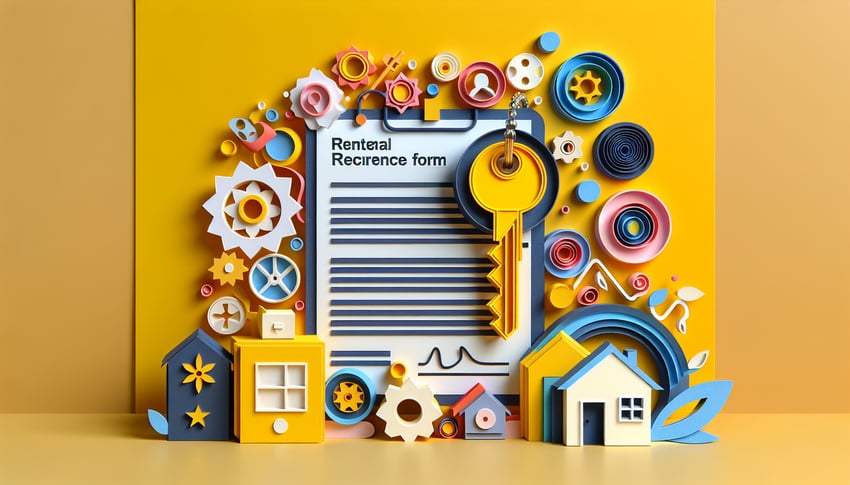 Paper art illustration representing a rental reference request form for FormCreatorAI article.