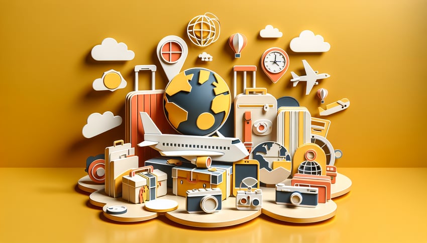 Paper art illustration depicting a travel information form with design elements related to travel and organization