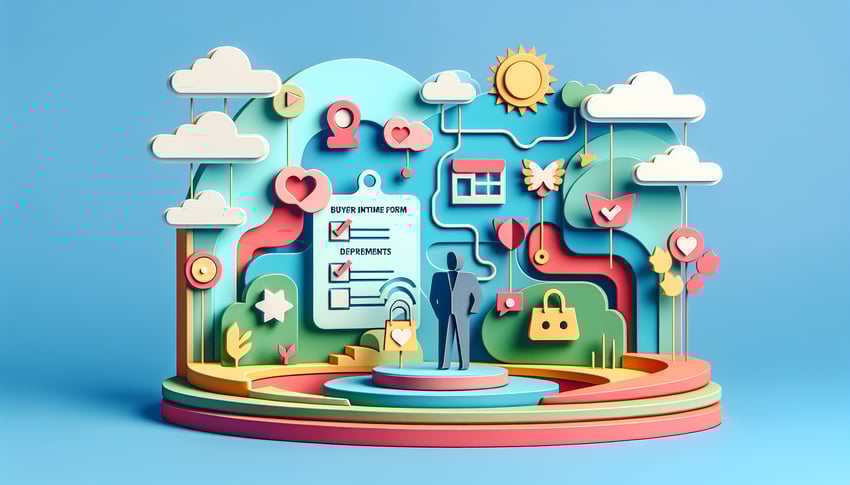 Paper art illustration representing a buyer intake form for FormCreatorAI article.