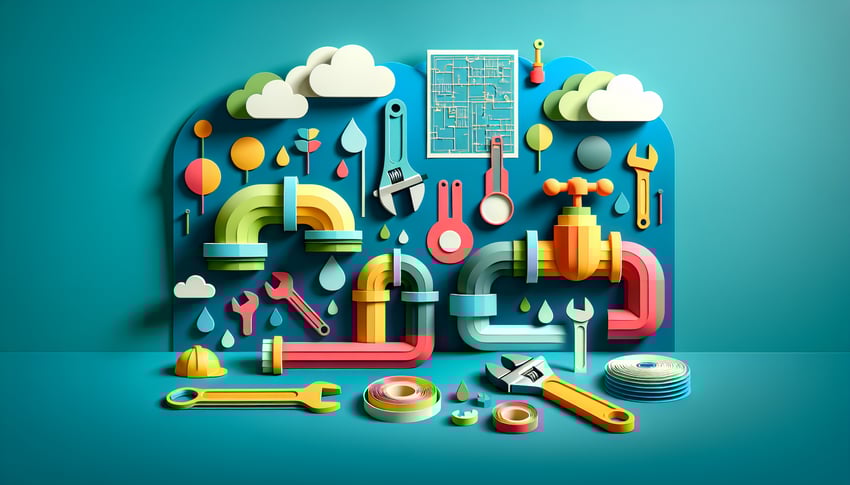 Paper art illustration featuring a plumbing inspection checklist with tools and diagrams for form creation guidance.