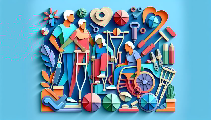 Paper art illustration depicting a physical therapy intake form with various sections and fields for patient information