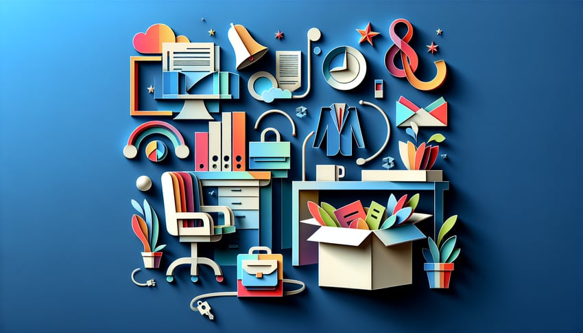 Paper art illustration depicting an employee exit form with stylish design elements for an article on FormCreatorAI