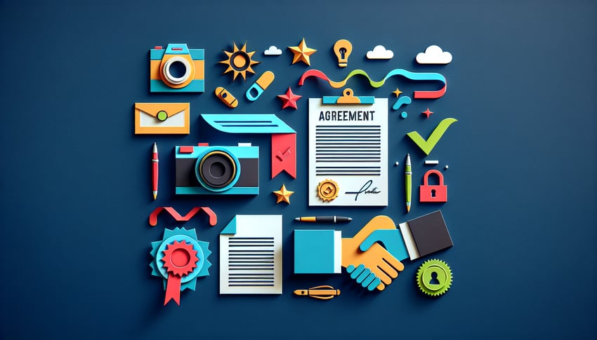 Paper art illustration representing a photography contract form template for FormCreatorAI article