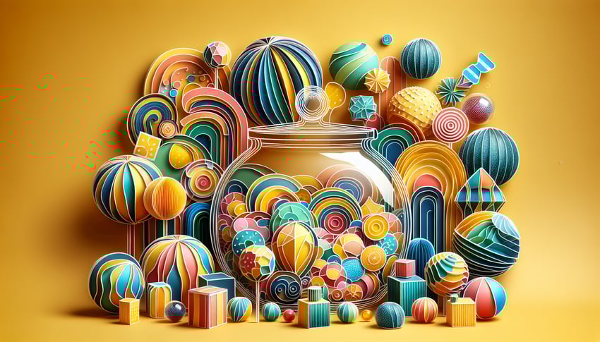 Colorful paper art illustration featuring a candy jar with various candies for a guessing game article.