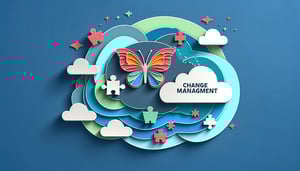 Paper art illustration depicting a change management report form template with creative design elements