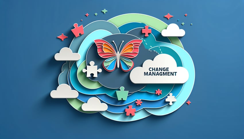 Paper art illustration depicting a change management report form template with creative design elements