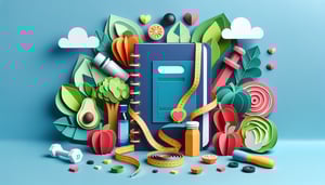 Colorful paper art illustration featuring a diet journal form template design for a health-focused article.