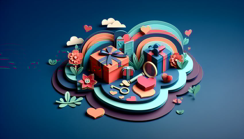 paper art illustration featuring hearts and questions for Secret Valentine Questionnaire Form Template FormCreatorAI