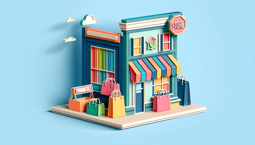 Colorful paper art illustration depicting a store visit report form with checkboxes and text sections for data entry