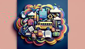 Paper art illustration featuring a school questionnaire form with colorful school supplies and a cheerful design