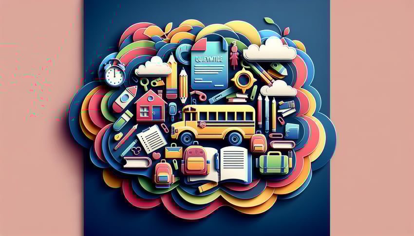 Paper art illustration featuring a school questionnaire form with colorful school supplies and a cheerful design