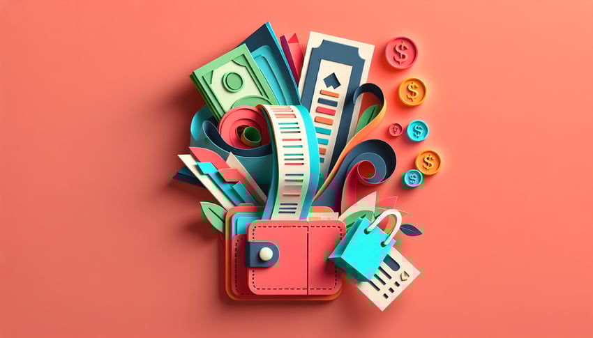 paper art illustration depicting an expense claim form with various sections and details for an article on FormCreatorAI