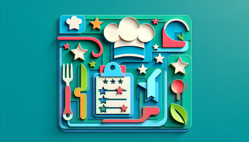 Paper art illustration depicting a restaurant employee evaluation form with checkboxes and rating sections.