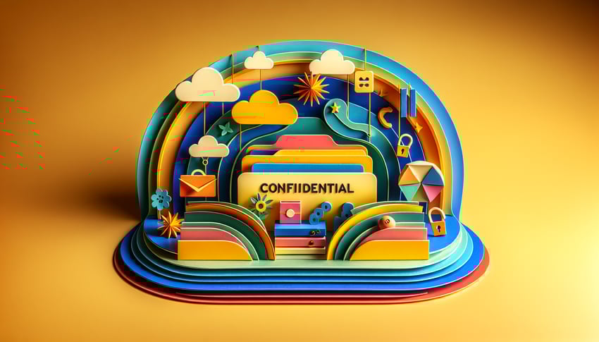 Paper art illustration depicting a confidential information form with visual elements representing data security and privacy.