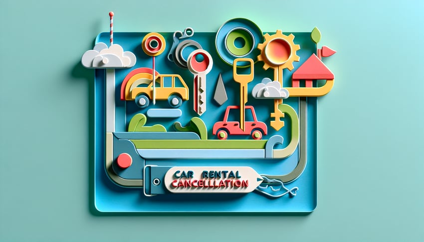 Paper art illustration featuring a car rental cancellation form and related icons for FormCreatorAI article