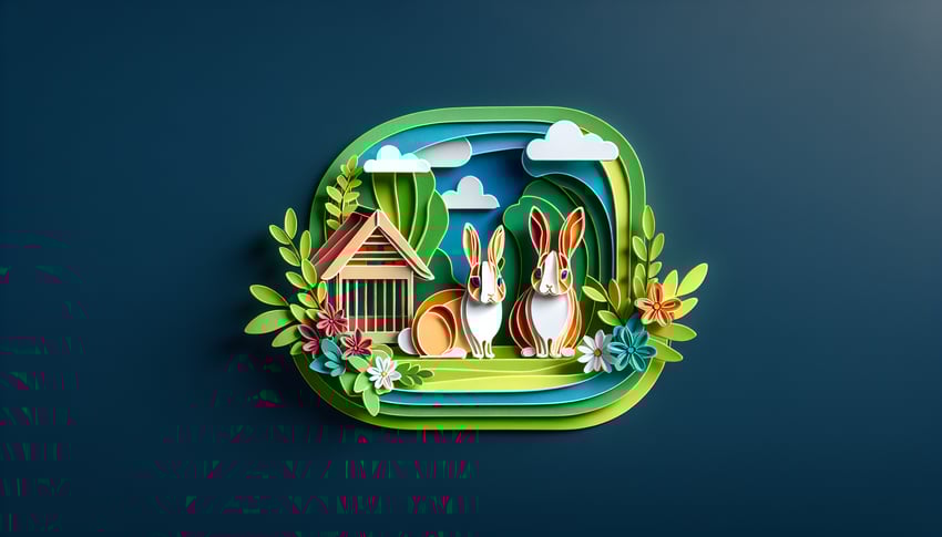 Paper art illustration featuring a rabbit with an adoption application form and branding for FormCreatorAI