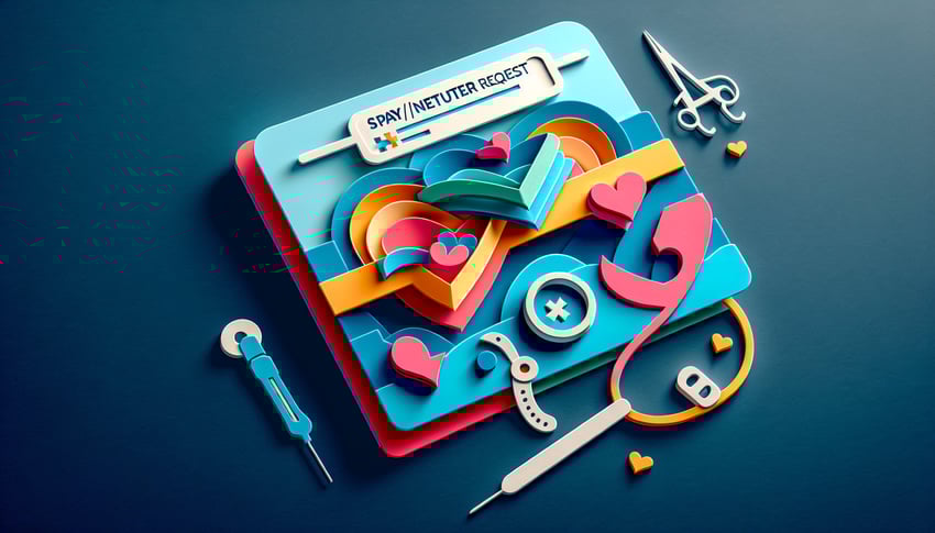 Paper art illustration depicting a spayneuter request form for a veterinary service article.