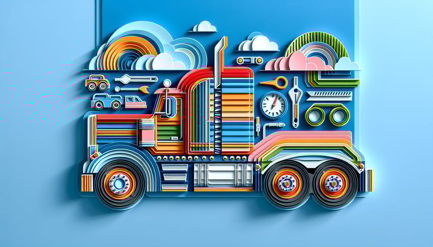 Paper art illustration depicting a straight truck with inspection checklist elements for a pre-trip inspection article