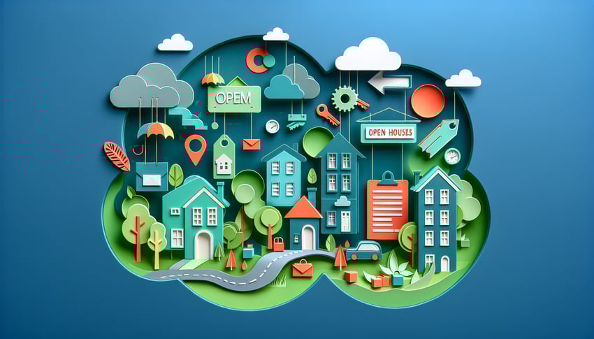 paper art illustration depicting a real estate open house feedback form with creative design elements and vibrant colors