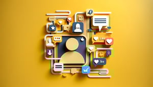 Paper art illustration featuring a social media profile form with fields for user information and design elements