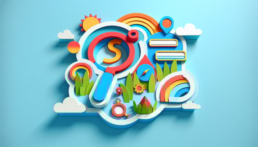 paper art illustration depicting an SEO client questionnaire form with checkboxes and text fields on a colorful background